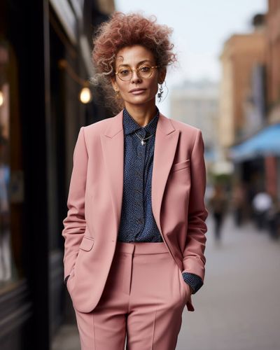 Pink Trouser suit with Dotted Navy Blue Shirt